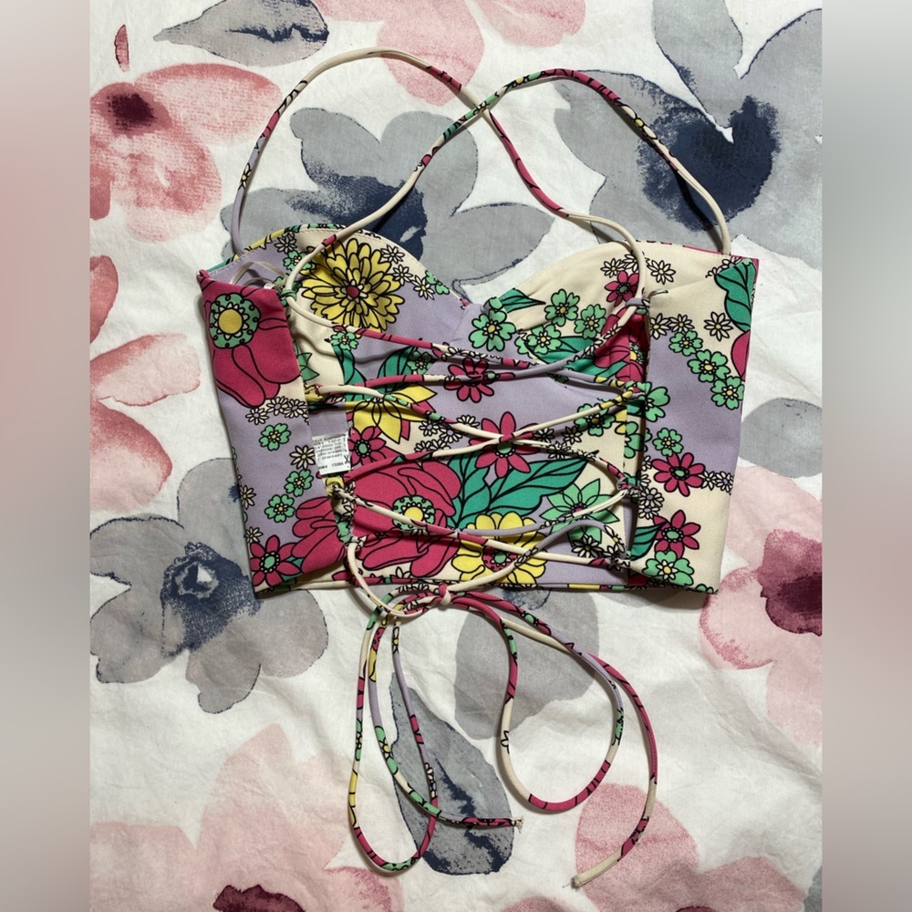 Zara Floral Sleeveless Spaghetti Strap Crop Tank Top Size Medium - Picture 9 of 12